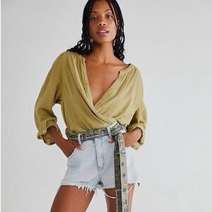 Free People We The Free Night Dreams Gauze Wrap Top in Cool Moss Size Small